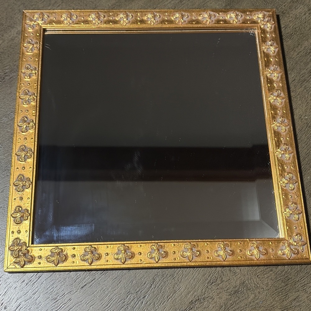 Vintage Ornate Gold Framed Mirror Filigree Art Deco 11" Square